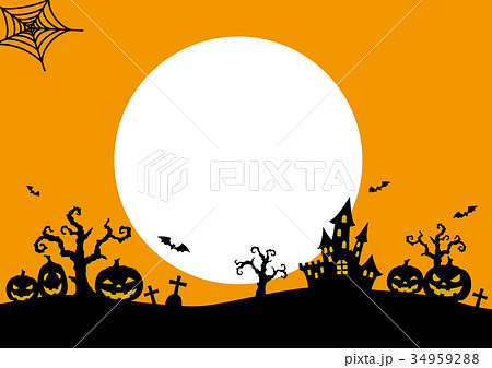 ハロウィンシルエット オレンジ背景 月あり のイラスト素材 34959288