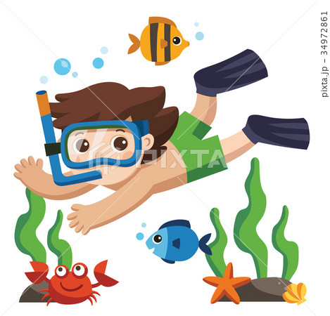 A Little boy diving with fish under the ocean. 34972861