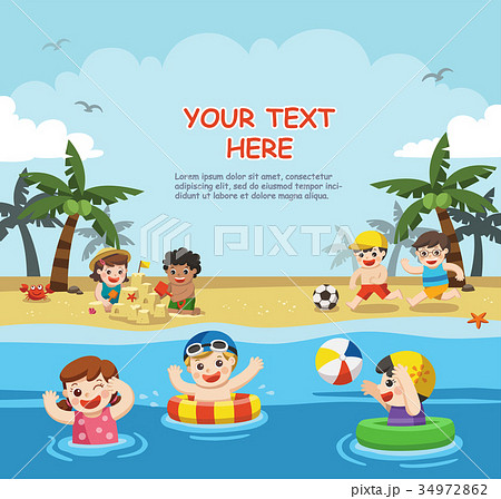 Happy kids play and swim at the beach. 34972862