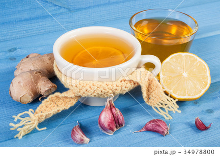 Cup of tea with lemon and ingredients Cup of tea with lemon and ingredients 34978800