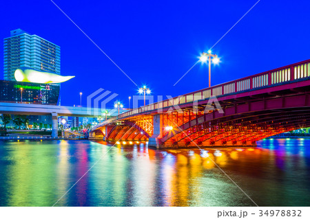 東京 浅草 吾妻橋の夜景 東京 浅草 吾妻橋の夜景 34978832