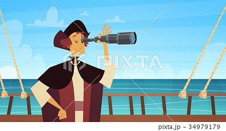 Man On Ship With Spyglass Happy Columbus Dayのイラスト素材