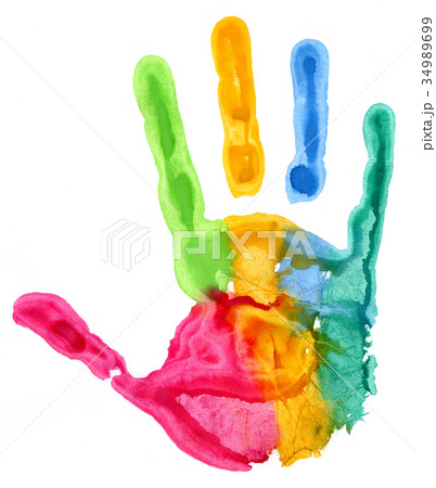 Close-up of colored hand print on white background Close-up of colored hand print on white background 34989699