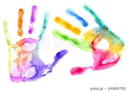 Multicolored hand prints on white Multicolored hand prints on white 34989700