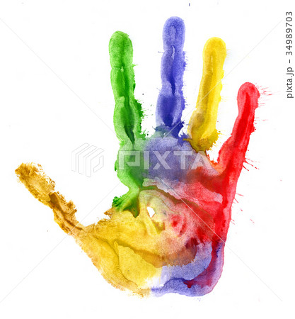 Close-up of colored hand print on white background 34989703