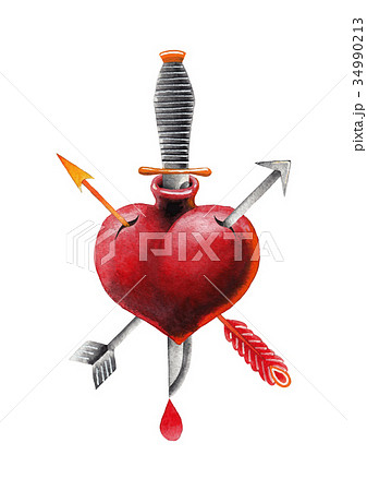 Watercolor hearts, arrows and knife. 34990213