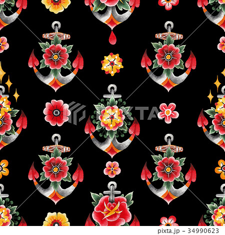 Watercolor anchor with floral decorations 34990623