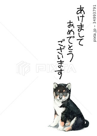 犬の賀詞入り素材黒柴犬タテ型のイラスト素材 犬の賀詞入り素材黒柴犬タテ型のイラスト素材