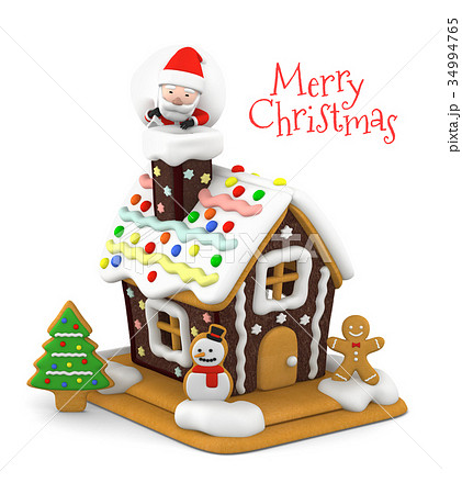 クリスマス お菓子の家とサンタクロース 3dイラストのイラスト素材