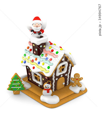 クリスマス お菓子の家とサンタクロース 3dイラストのイラスト素材