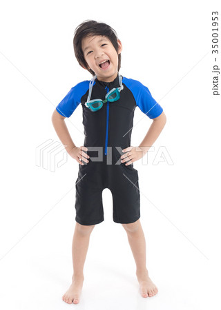 Asian child in swimsuit on white background isolated Asian child in swimsuit on white background isolated 35001953