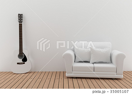 minimalist double sofa design with guitar in room  35005107