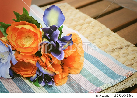 Bunch of  Artificial Ranunculus with Blue Flowers 35005166