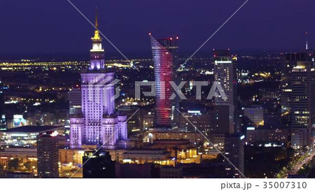Warsaw downtown at night, aerial shot Warsaw downtown at night, aerial shot 35007310
