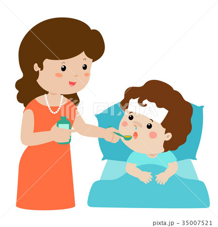 Mother giving son medicine vector illustration.. Mother giving son medicine vector illustration.. 35007521
