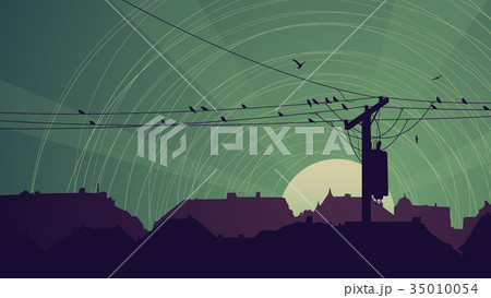 Illustration of flock birds on city power line Illustration of flock birds on city power line 35010054