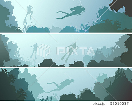 Set horizontal banners of divers under water. 35010057