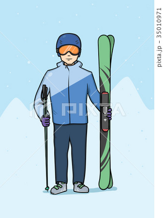 Young man standing with mountain ski. Winter 35010971
