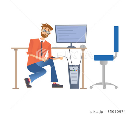 Man in glasses repairing a computer or connect it 35010974