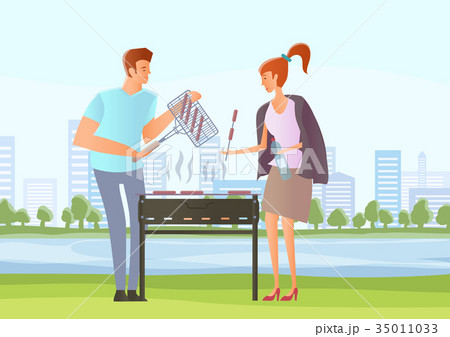 People on picnic or Bbq party. Man and woman People on picnic or Bbq party. Man and woman 35011033