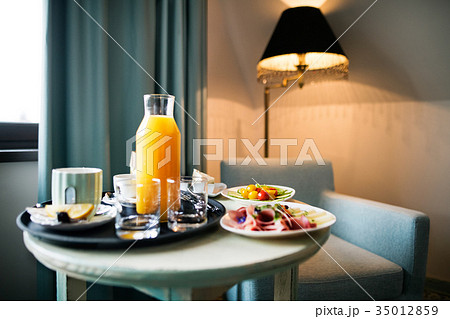 Food on a table in a hotel room. Food on a table in a hotel room. 35012859