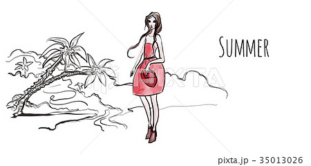 Young girl in red dress on sea beach, palm trees 35013026