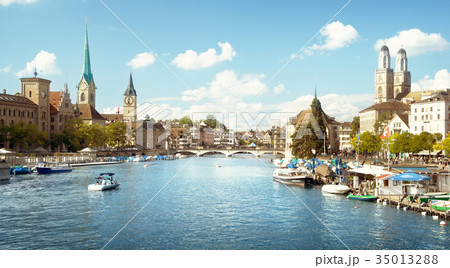 Zurich city center with famous Fraumunster, Grossmunster and St. Zurich city center with famous Fraumunster, Grossmunster and St. 35013288
