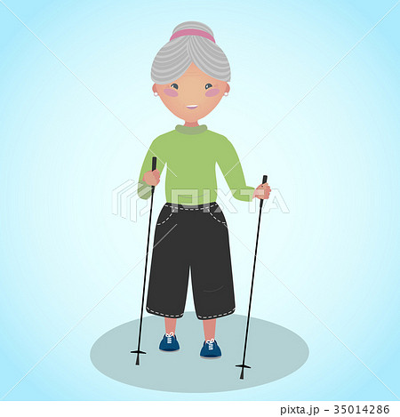 Senior woman doing nordic walking with sticks. 35014286