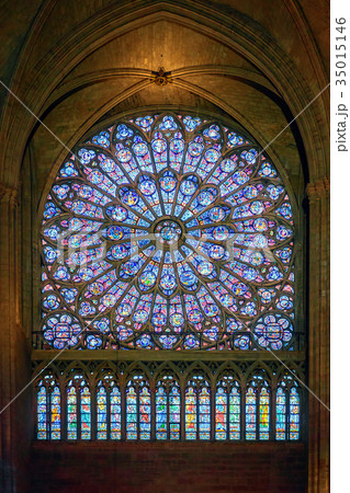 North Rose stained glass window inside Notre Dame 35015146