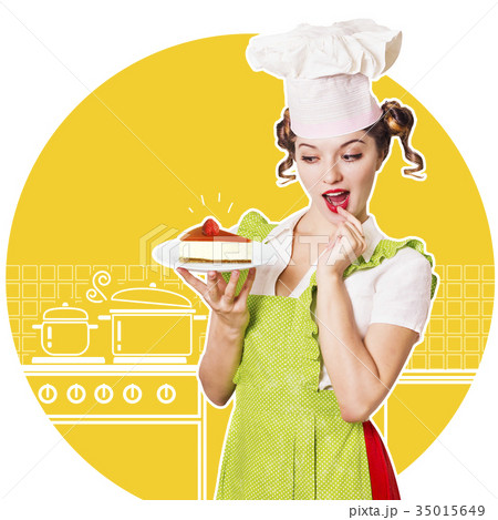 woman chef and sweet cheesecake in her hand.Collage kitchen bac 35015649