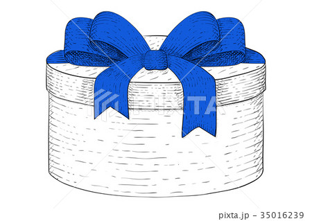 Round box with blue ribbon bow. Hand drawn sketch Round box with blue ribbon bow. Hand drawn sketch 35016239