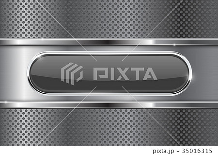 Black oval button on metal background Black oval button on metal background 35016315