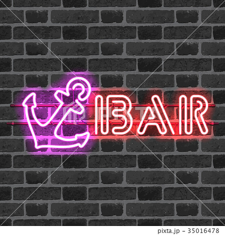 Glowing neon bar sign with purple anchor 35016478