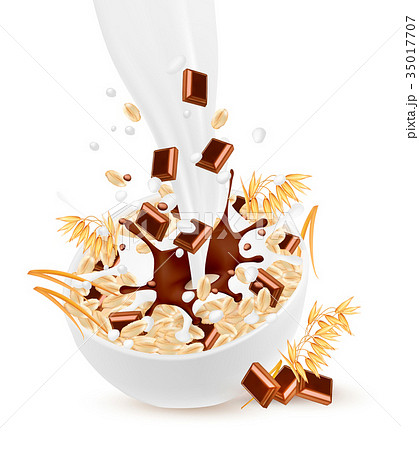 Milk flowing into a bowl with grain and chocolate 35017707