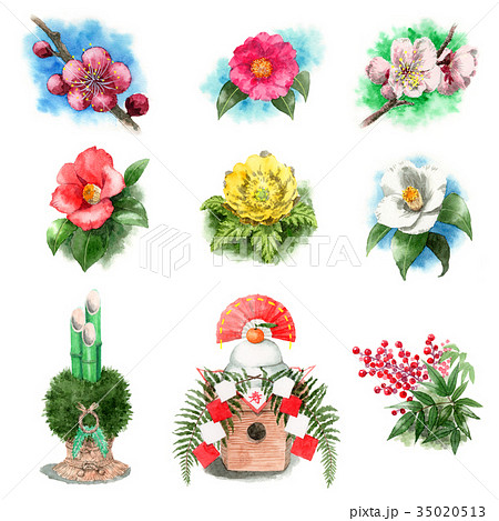 水彩で描いたお正月のミニカット 水彩で描いたお正月のミニカット 35020513