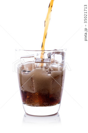 Bottle pouring Cola in drink glass with ice cubes Bottle pouring Cola in drink glass with ice cubes 35021713