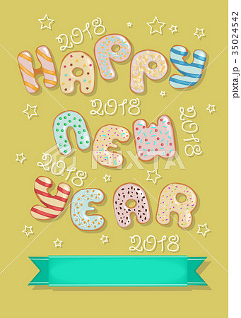 Happy New Year 18 Sweet Donuts And Bannerのイラスト素材