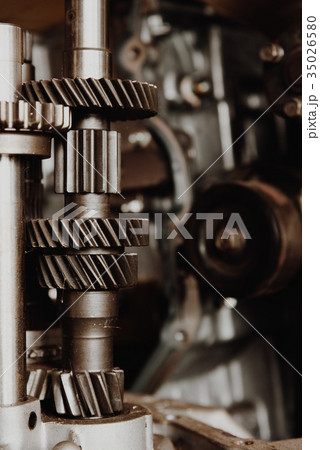 Disassembled car dirty engine and gear at garage 35026580