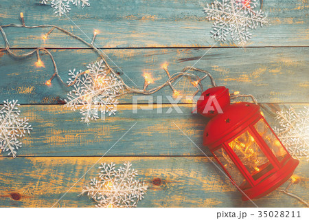 Christmas background with decorations on wooden Christmas background with decorations on wooden 35028211