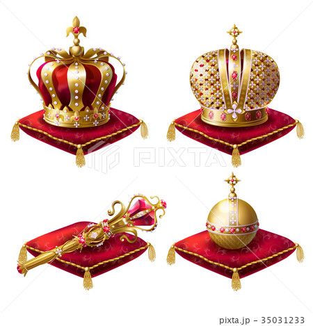 Royal crowns, scepter and orb realistic vector set Royal crowns, scepter and orb realistic vector set 35031233
