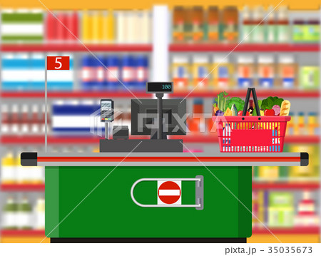 Supermarket interior. Cashier counter workplace. 35035673