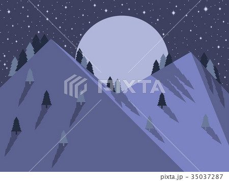 Night mountain landscape flat style. Full moon Night mountain landscape flat style. Full moon 35037287