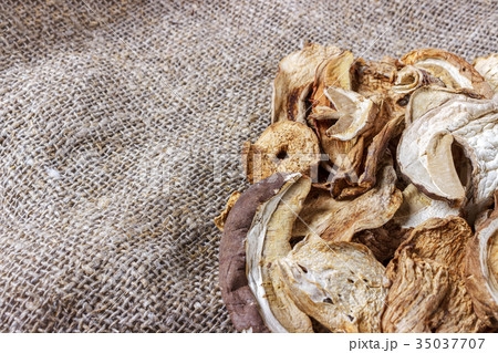 dried mushroom on sackcloth Top view dried porcini 35037707
