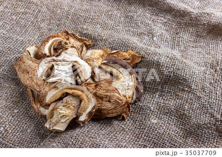 dried porcini mushrooms on sackcloth. Top view 35037709