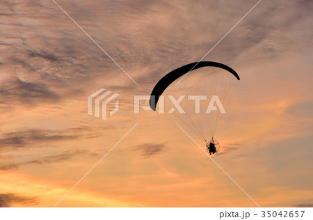 Paramotor flying on the sky sunset background 35042657