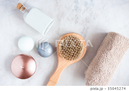 Spa beauty products on white marble table  35045274
