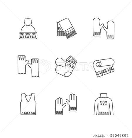 Knit winter clothes icon set. Knitting clothes Knit winter clothes icon set. Knitting clothes 35045392