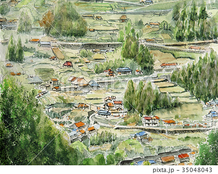 美しい農村 集落のスケッチ 里山のイラスト素材