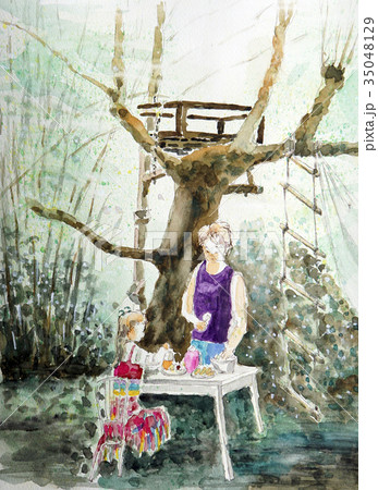 ウッドステージ 樹の家 手書きスケッチ 母と娘 ハイキングのイラスト素材