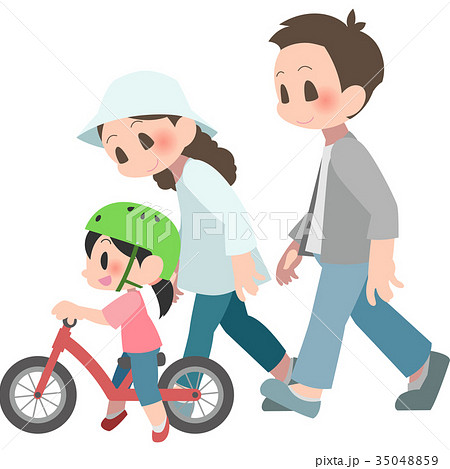 バランスバイクに乗る女の子と見守る両親のイラスト素材